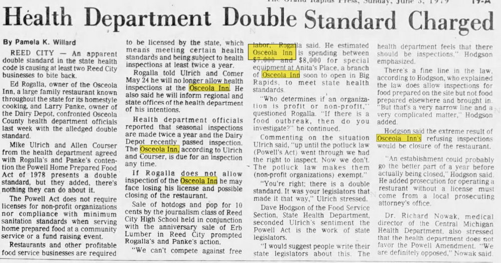 Hotel King (Osceola Hotel, Osceola Inn) - June 3 1979 Health Dept Issues